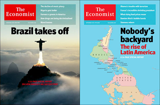 Novos tempos para a política externa em duas capas da revista The Economist. À esquerda, em dezembro de 2009, 'O Brasil decola'. Em Setembro do ano seguinte, à direita 'A ascenção da América Latina', que era chamada pejorativamente de quintal dos EUA. | Reprodução